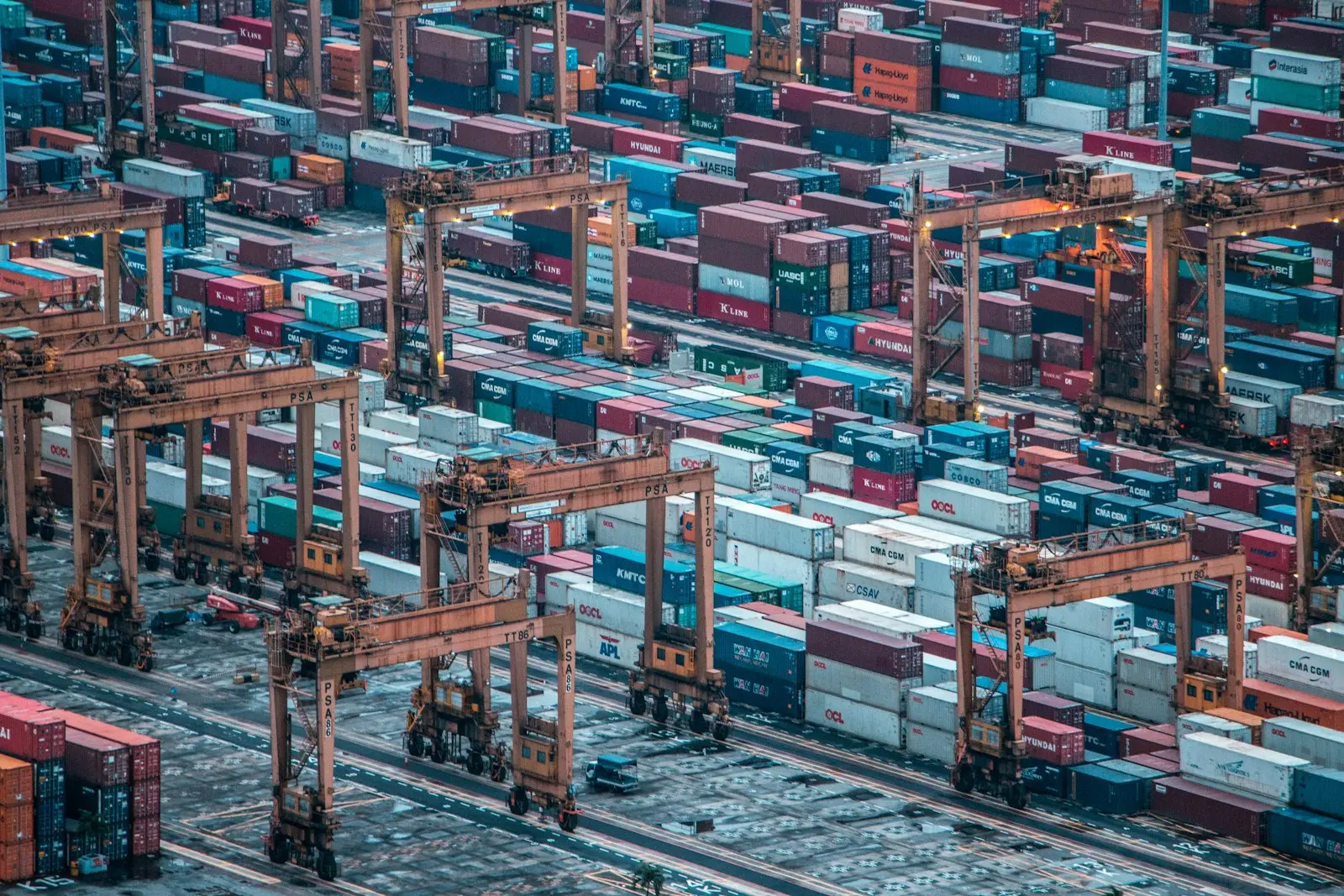 Rows of stacked shipping containers seen from above