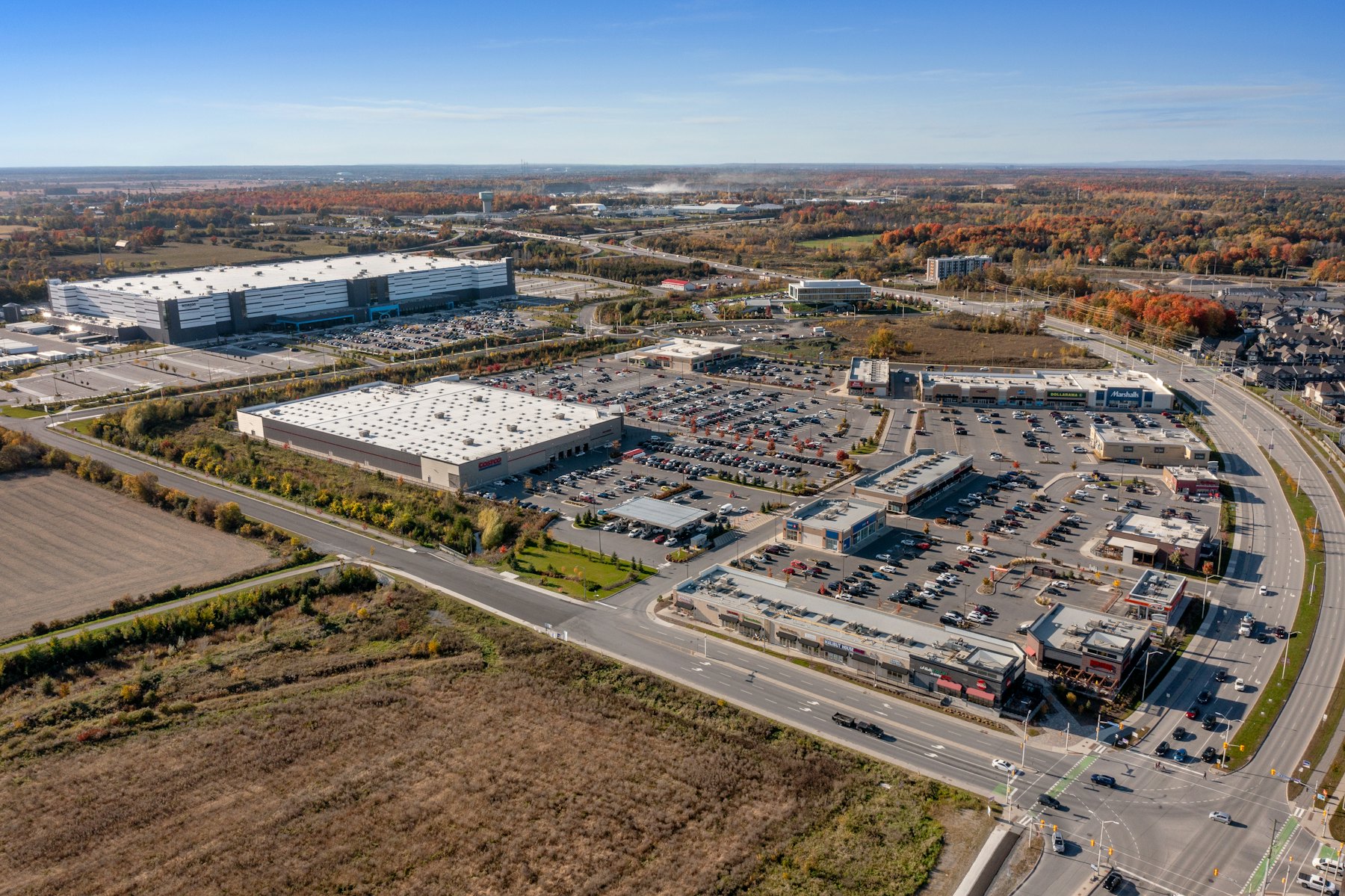 Large distribution buildings beside a highway