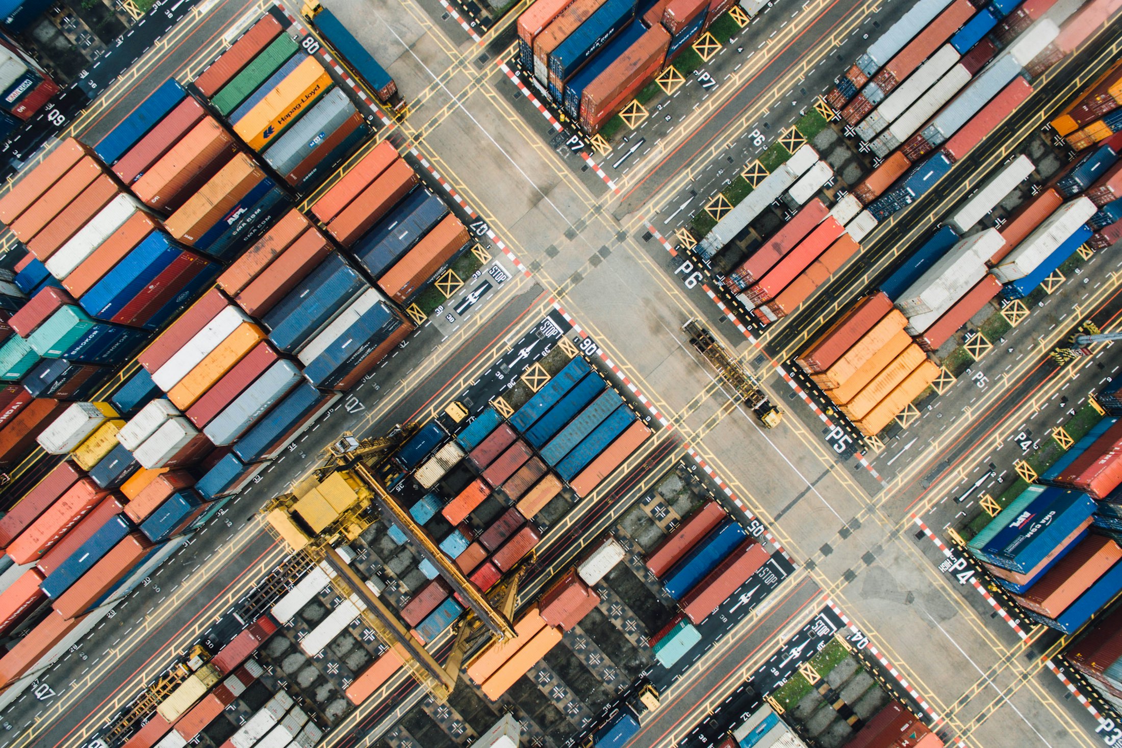 Container yard and straddle carriers from above
